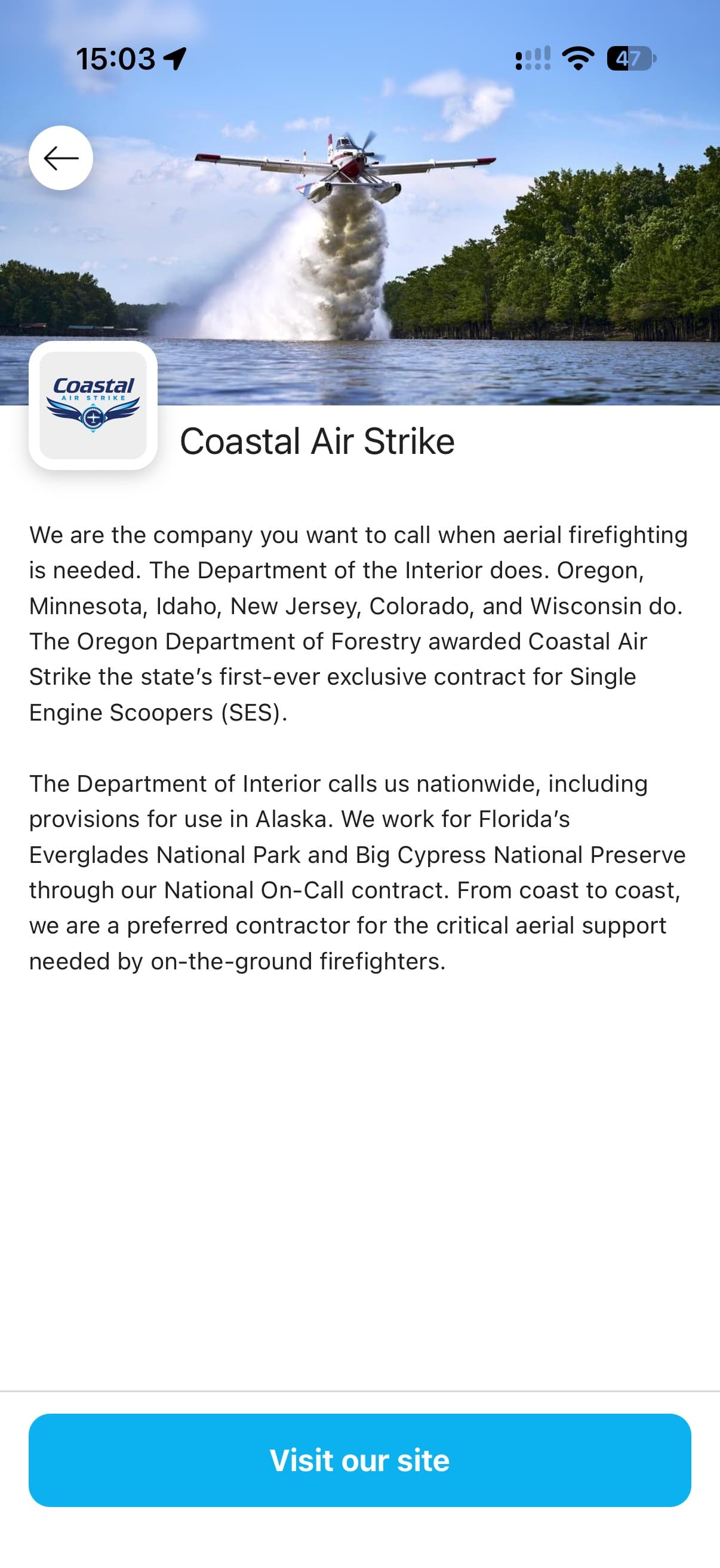 An organisation's own page in the Waterbomber app, with a cover image, logo, story and a link to their website